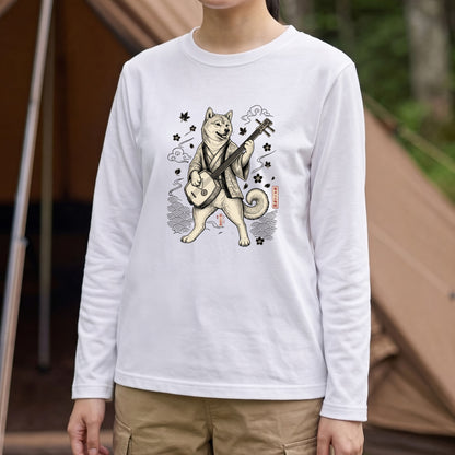 SHIBA SHAMISEN | レトロ 浮世絵調 柴犬 伝統和柄 グラフィック 長袖Tシャツ【犬雑貨・普段着・ストリート和柄・ユニセックス・ギフトに最適】