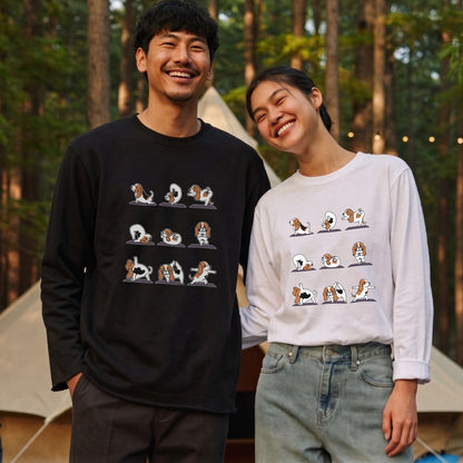 YOGA BEAGLE 手描き風 バセットハウンド ストレッチ かわいい グラフィック 長袖Tシャツ【ペット愛好家・部屋着・ルームウェア・ギフトに最適】