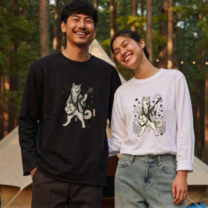 SHIBA SHAMISEN | レトロ 浮世絵調 柴犬 伝統和柄 グラフィック 長袖Tシャツ【犬雑貨・普段着・ストリート和柄・ユニセックス・ギフトに最適】