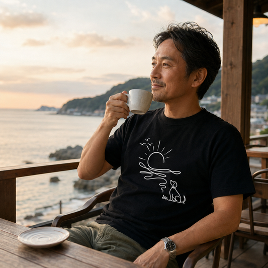 朝日と犬の線画 犬Tシャツ | アウトドア・犬好きに人気