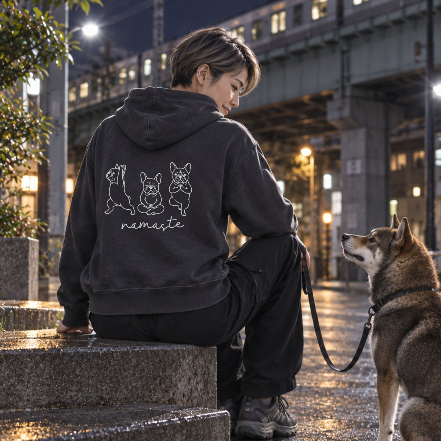 French Bulldog namaste フレンチブルドッグ ヨガ パーカー ｜バックプリント