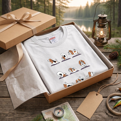 YOGA BEAGLE 手描き風 バセットハウンド ストレッチ かわいい グラフィック 長袖Tシャツ【ペット愛好家・部屋着・ルームウェア・ギフトに最適】
