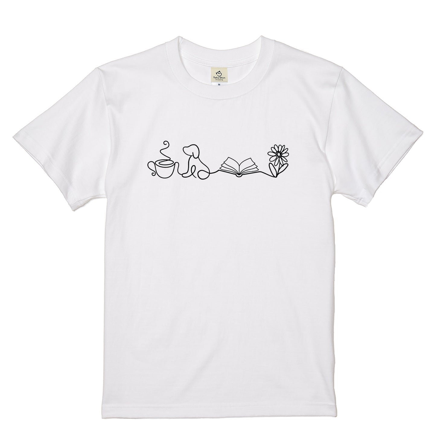 一筆書きコーヒー・犬・本・花 犬Tシャツ | 読書・カフェ好きに人気