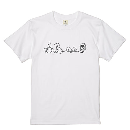 一筆書きコーヒー・犬・本・花 犬Tシャツ | 読書・カフェ好きに人気