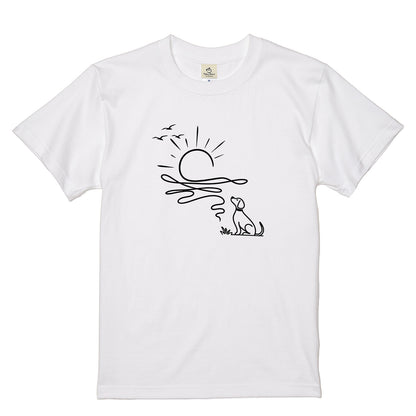 朝日と犬の線画 犬Tシャツ | アウトドア・犬好きに人気