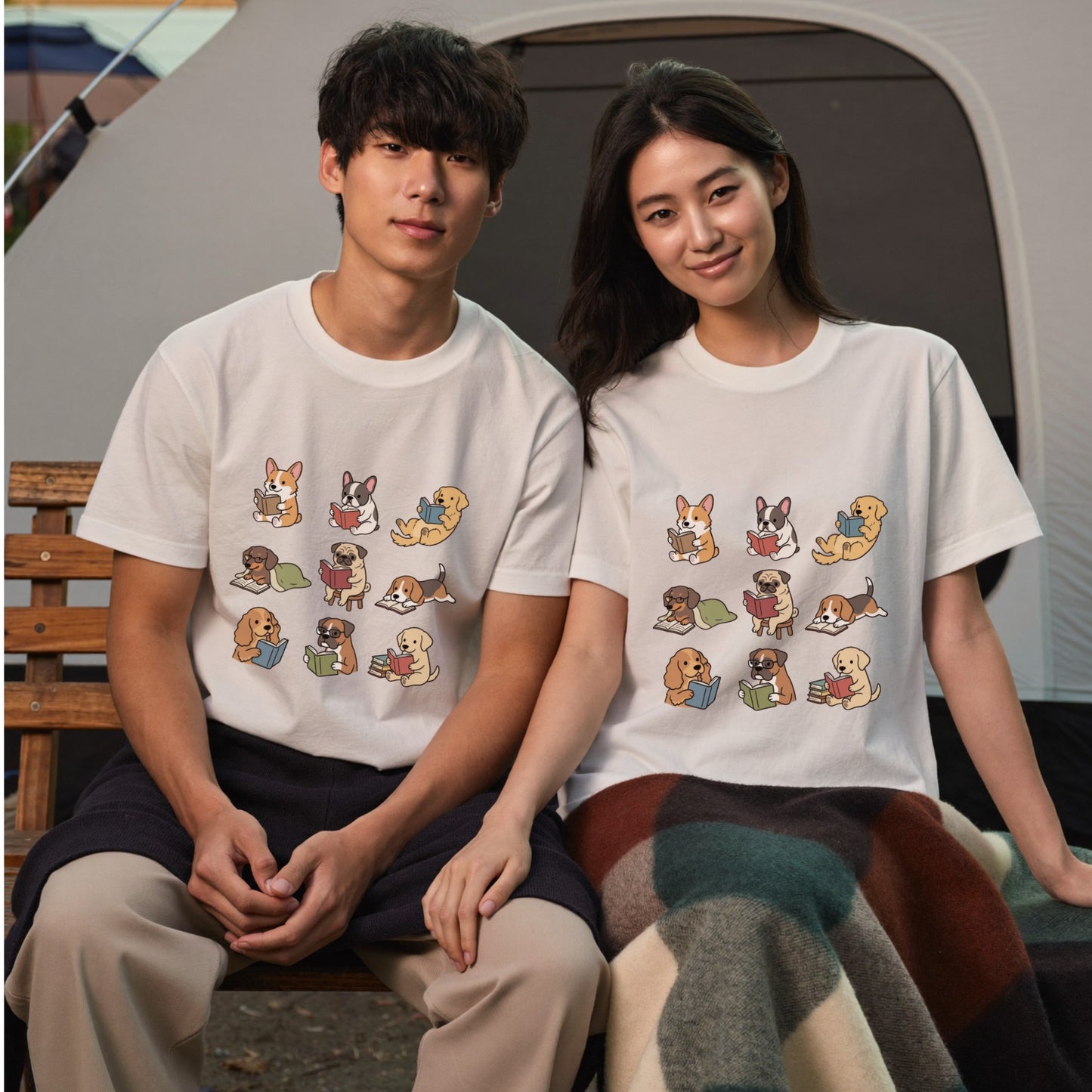 読書犬 キャンプ Tシャツ 犬好き 本好き アウトドア プレゼント