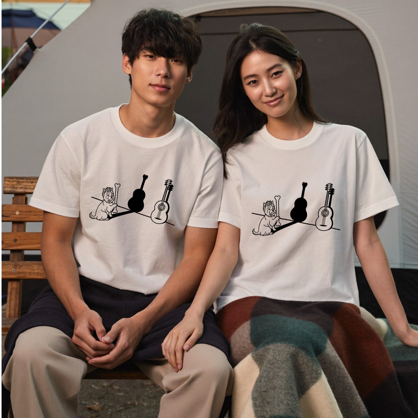 ヨークシャーテリアとギター影アート 白Tシャツ｜音楽好きに人気｜InuJoy