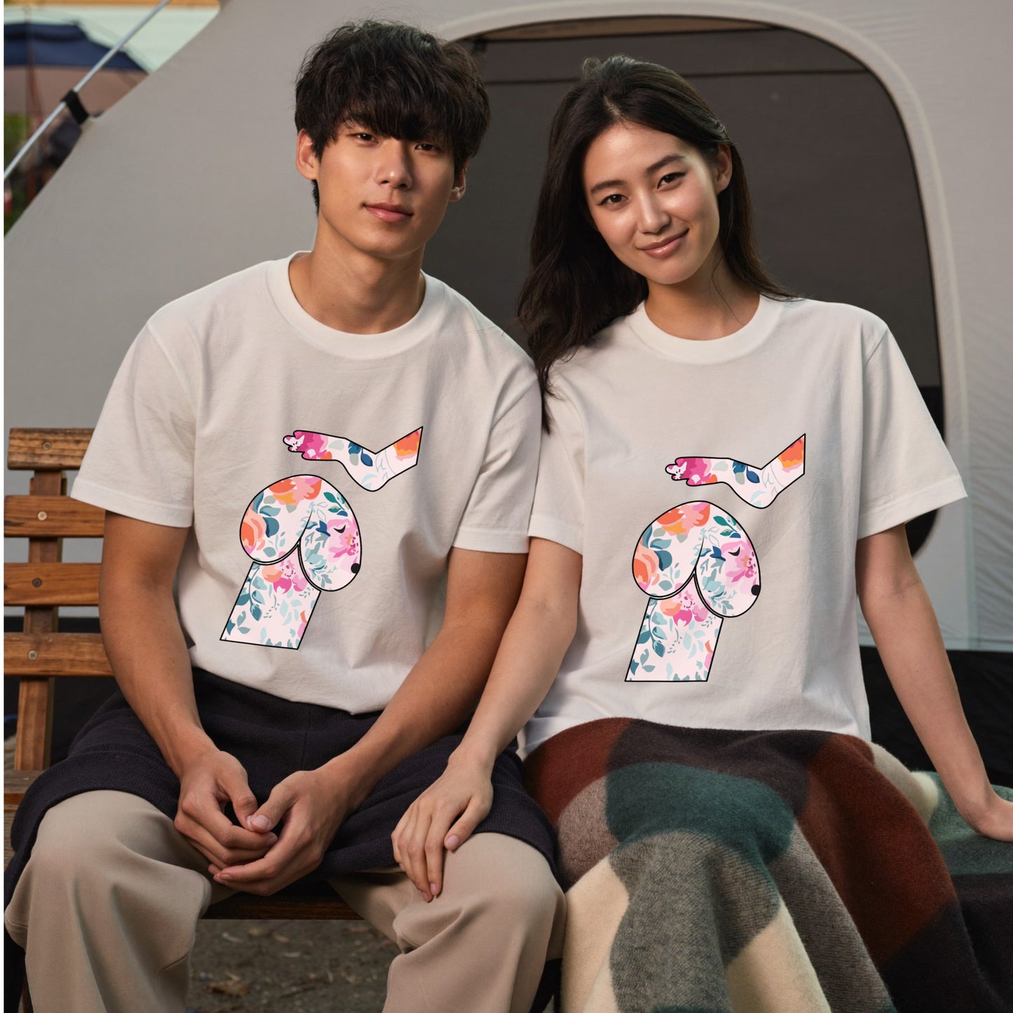 FLOWER DOG ART | おしゃれ 犬 イラスト ボタニカル柄 Tシャツ【愛犬家・アウトドア・イベント・ギフトに最適】