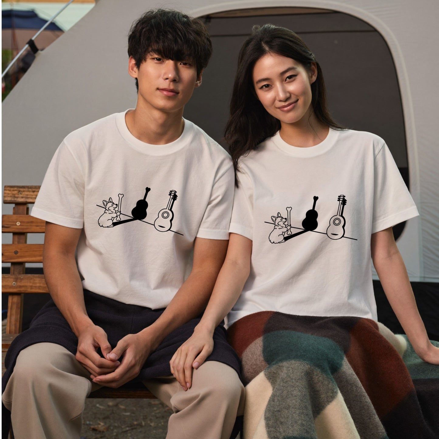 コーギーとギター影アート 白Tシャツ｜音楽好きに人気｜InuJoy