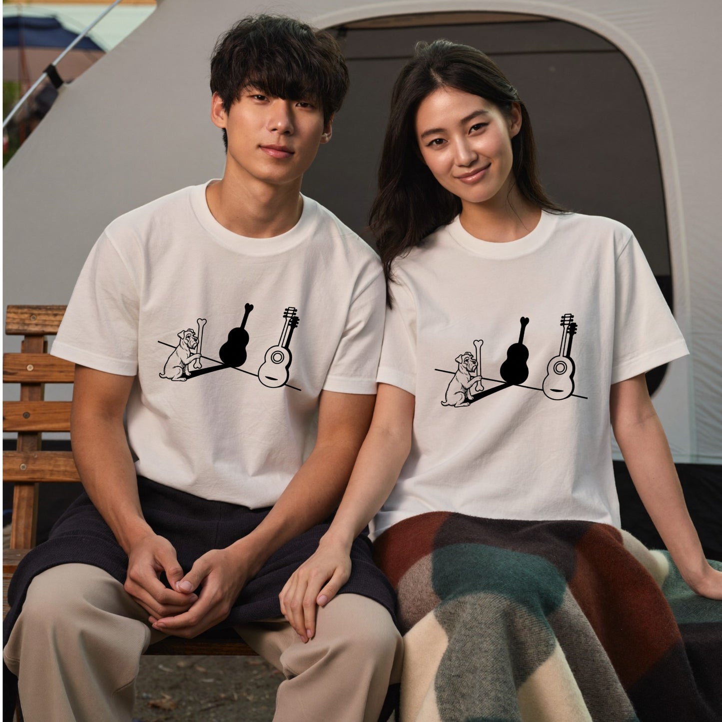 テリアとギター影アート 白Tシャツ ｜音楽好きに人気｜InuJoy