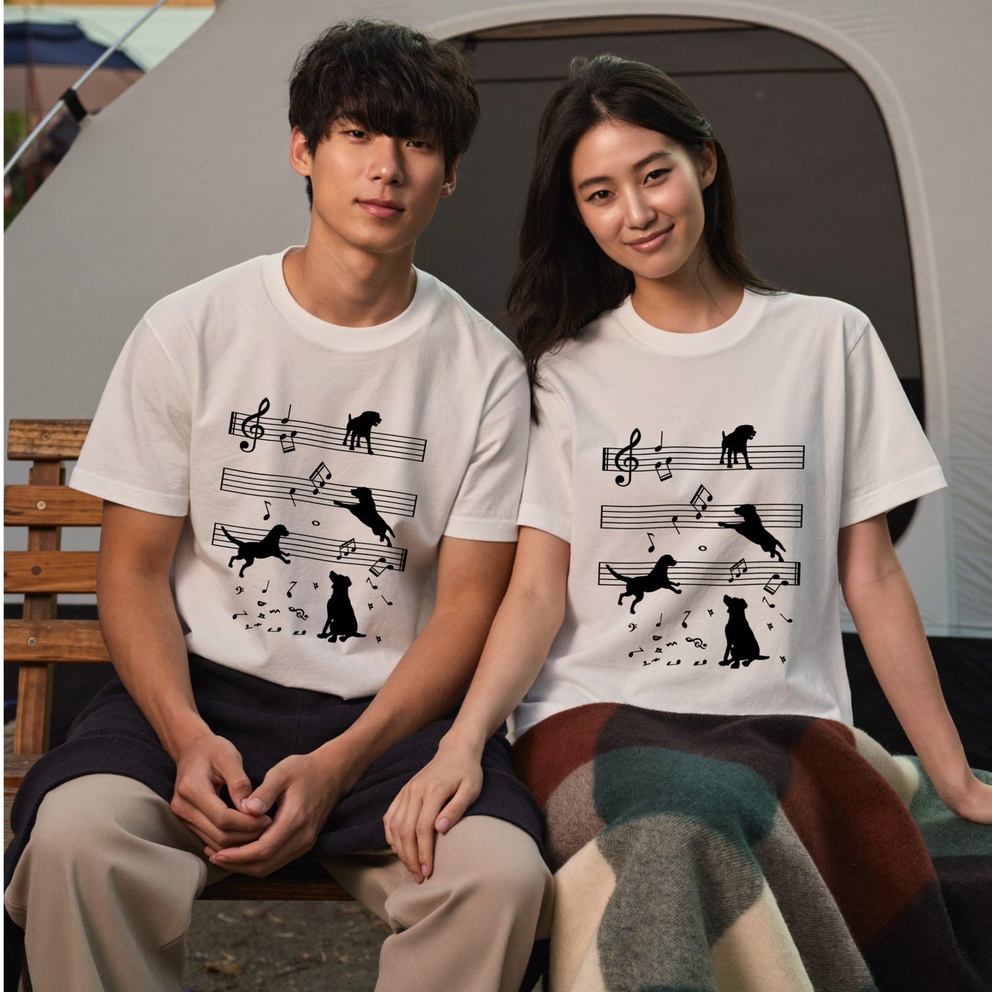 音符と踊る犬 犬Tシャツ | 音楽好き・犬好きに人気