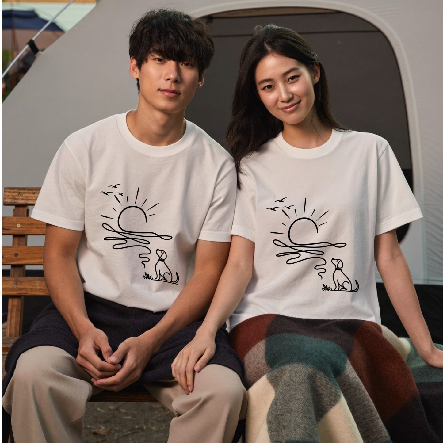 朝日と犬の線画 犬Tシャツ | アウトドア・犬好きに人気