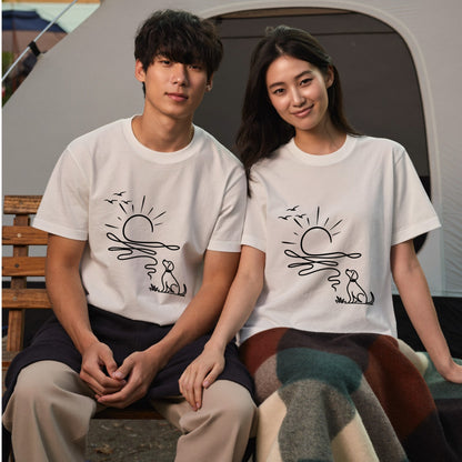 朝日と犬の線画 犬Tシャツ | アウトドア・犬好きに人気