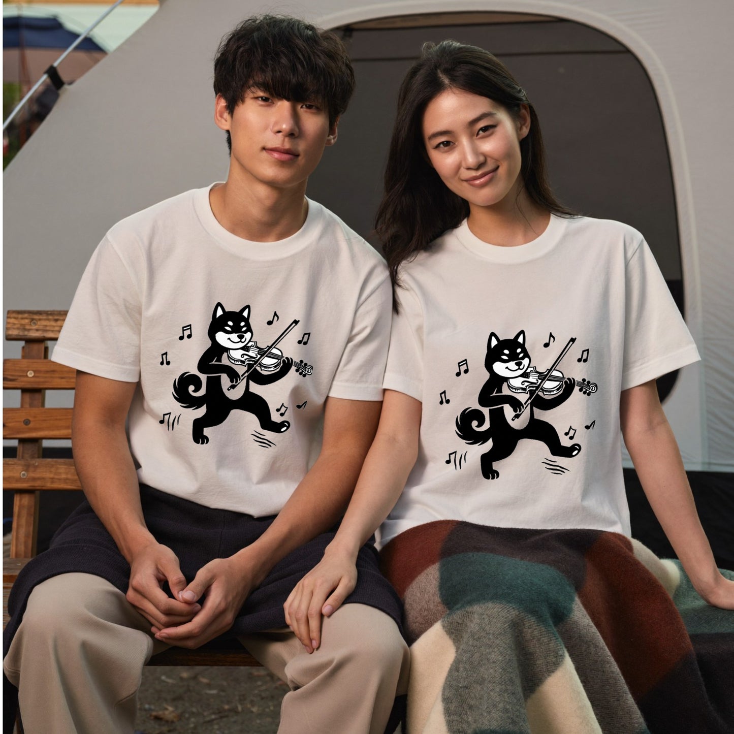 黒柴 ヴァイオリン Tシャツ ｜ 柴犬・犬好き・音楽好きに人気