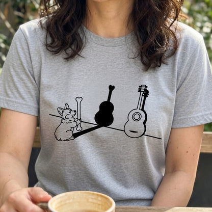 コーギーとギター影アート 白Tシャツ｜音楽好きに人気｜InuJoy