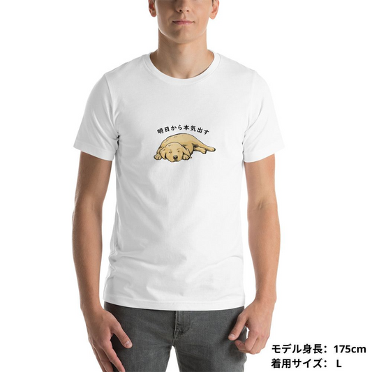 犬 tシャツ 犬イラスト ゴールデンレトリバー犬 明日から本気出す｜アダルト&キッズサイズ