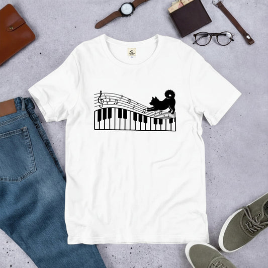 ピアノ鍵盤と音符犬 犬Tシャツ | ピアノ好き・音楽好きに人気