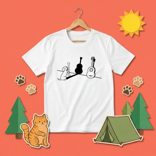 ダックスフンドとギター影アート 白Tシャツ | InuJoy