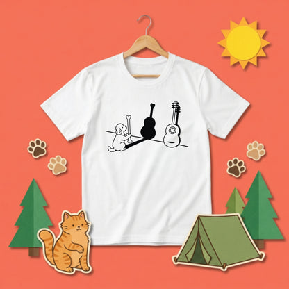 プードルとギター影アート 白Tシャツ｜音楽好きに人気