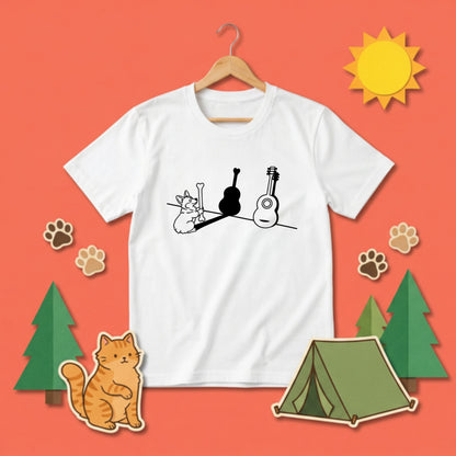 コーギーとギター影アート 白Tシャツ｜音楽好きに人気｜InuJoy