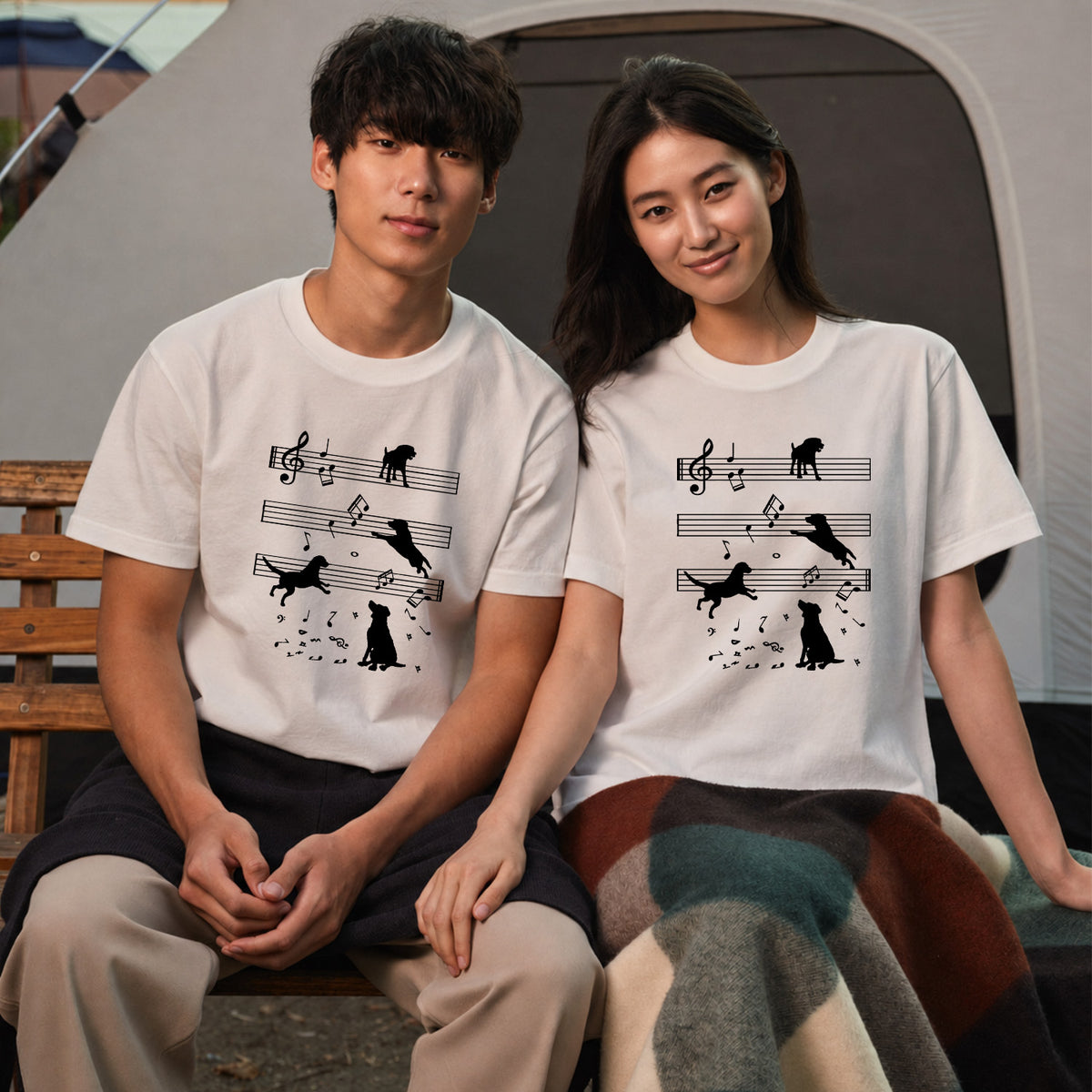 音符と踊る犬 犬Tシャツ | 音楽好き・犬好きに人気