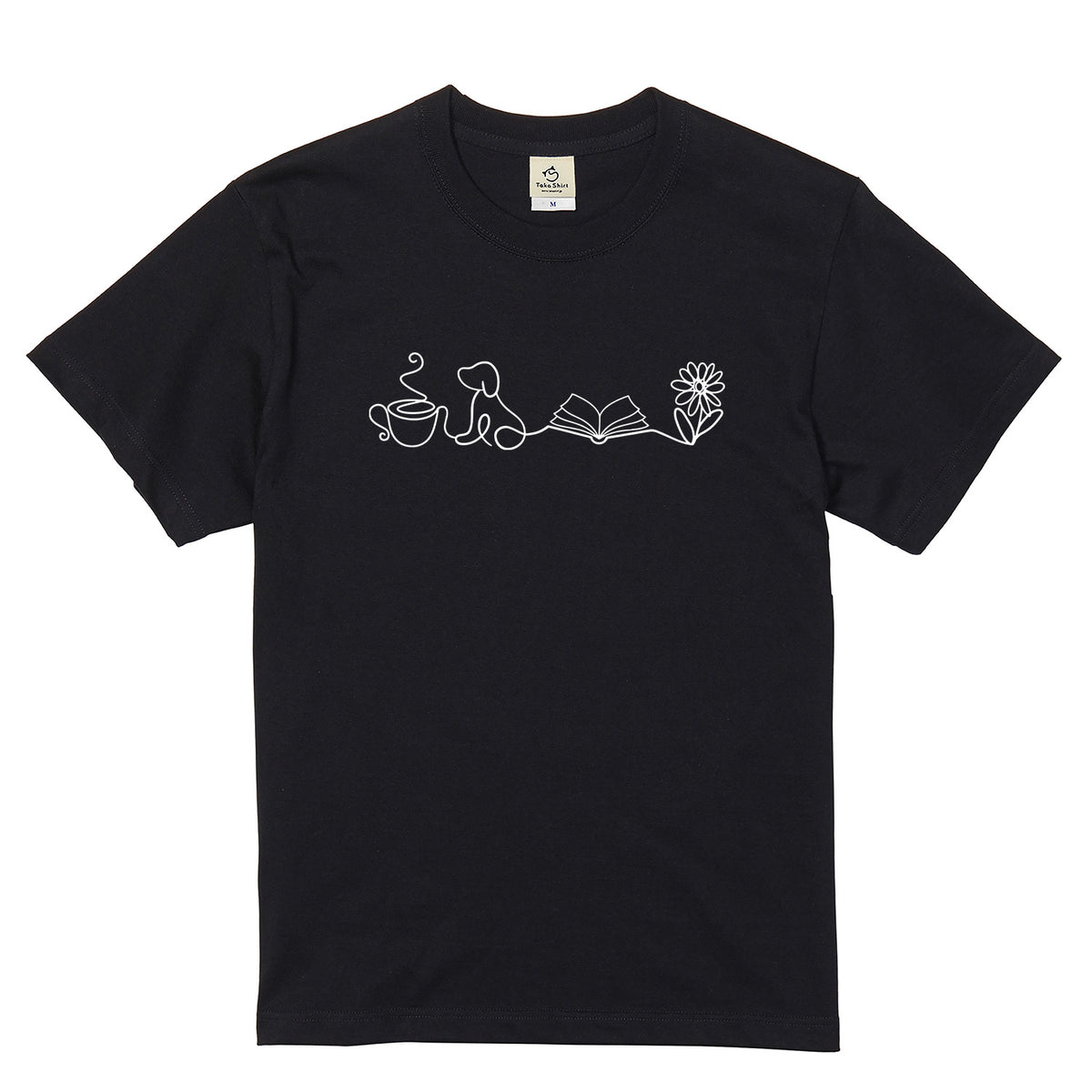 一筆書きコーヒー・犬・本・花 犬Tシャツ | 読書・カフェ好きに人気