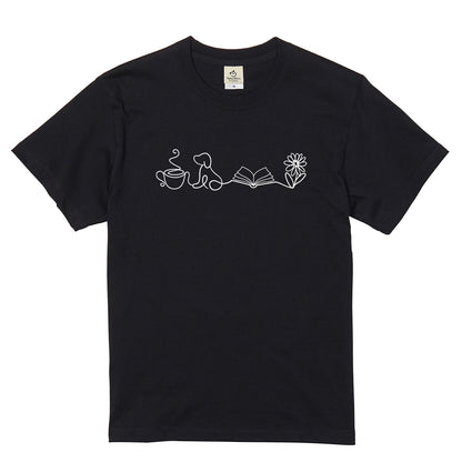 一筆書きコーヒー・犬・本・花 犬Tシャツ | 読書・カフェ好きに人気