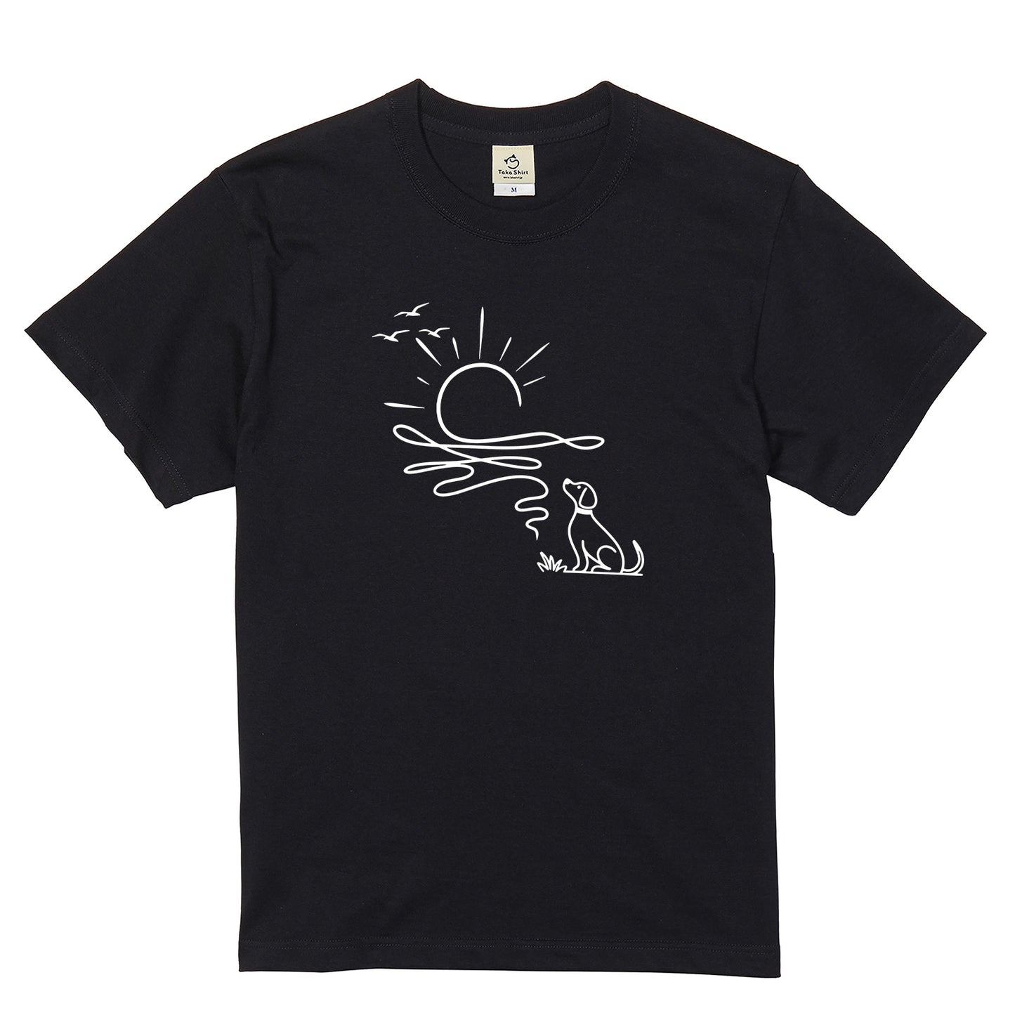 朝日と犬の線画 犬Tシャツ | アウトドア・犬好きに人気