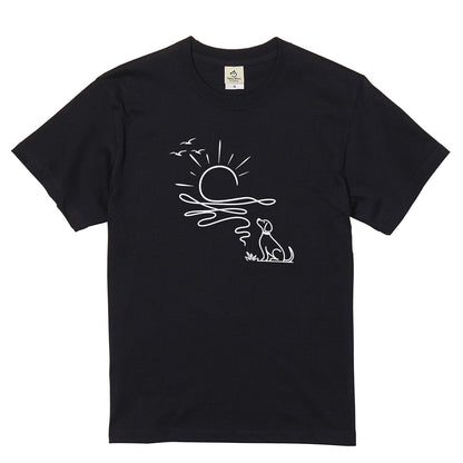 朝日と犬の線画 犬Tシャツ | アウトドア・犬好きに人気