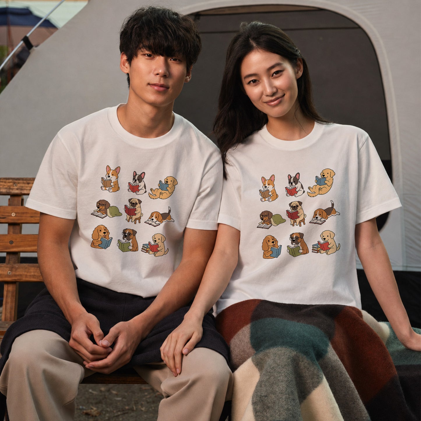 読書犬 キャンプ Tシャツ 犬好き 本好き アウトドア プレゼント