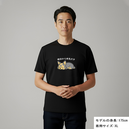 犬 tシャツ 犬イラスト ヨーキー犬 明日から本気出す｜アダルト&キッズサイズ