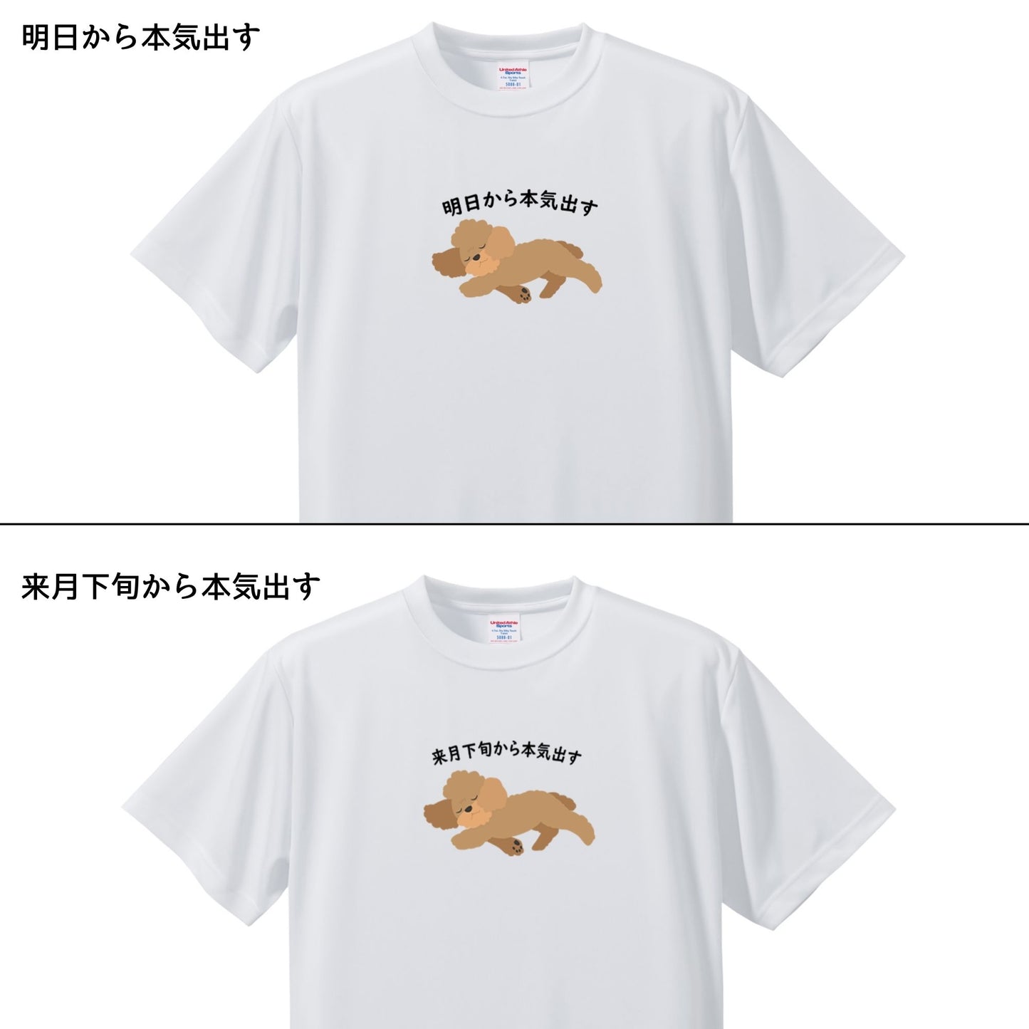 犬tシャツ ドライTシャツ シルキータッチTシャツ いぬ 犬イラスト おもしろ tシャツ プードル犬 明日から本気出す/ 来月下旬から本気出す