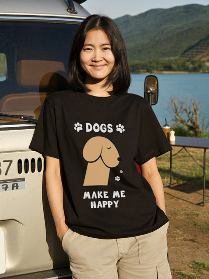 DOGS MAKE ME HAPPY | 犬 イラスト 英語メッセージ Tシャツ【犬好き・愛犬家・かわいい・誕生日ギフトに最適】