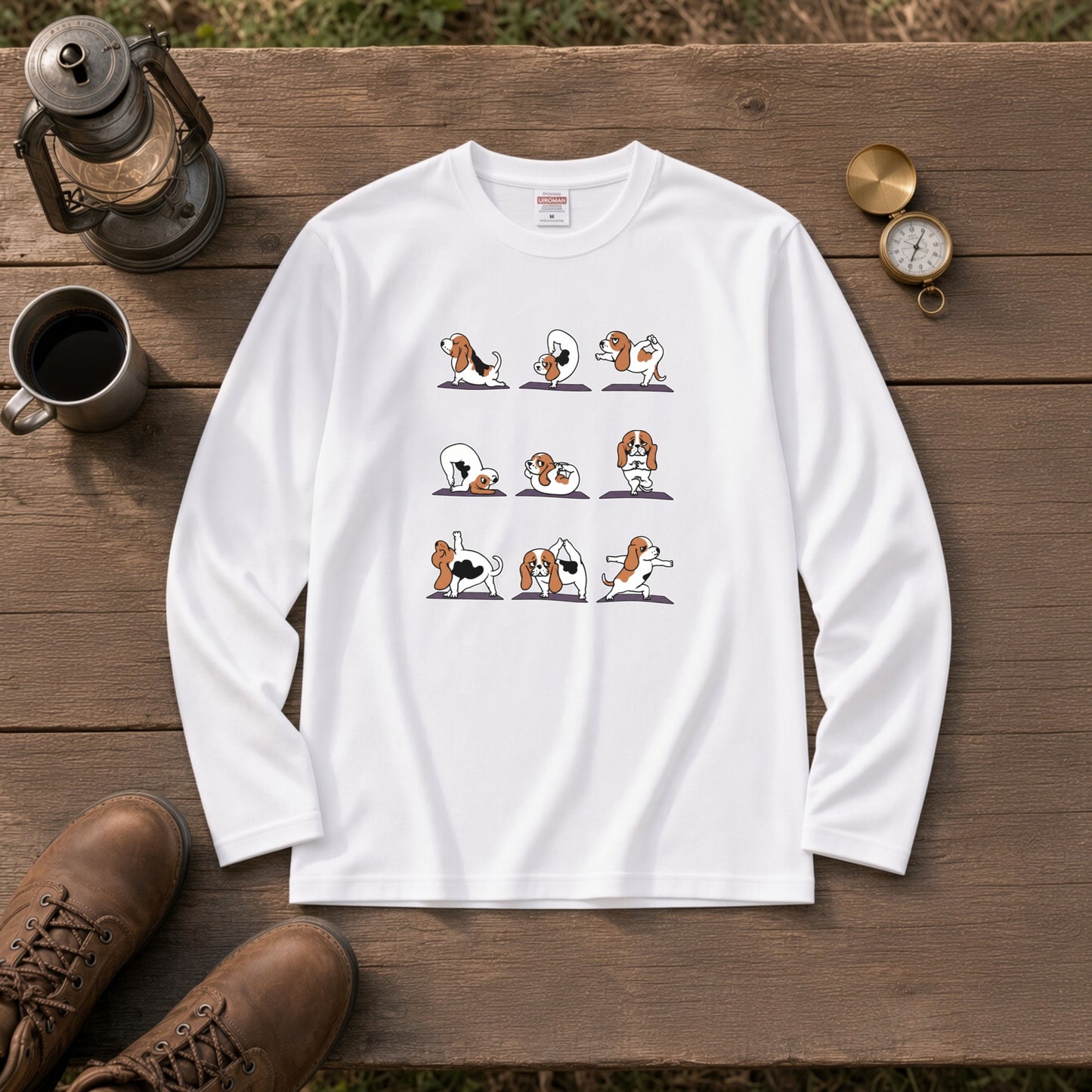 YOGA BEAGLE 手描き風 バセットハウンド ストレッチ かわいい グラフィック 長袖Tシャツ【ペット愛好家・部屋着・ルームウェア・ギフトに最適】