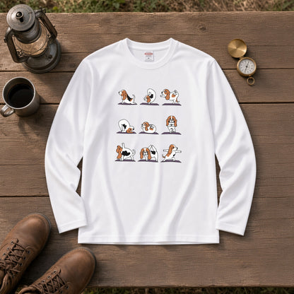 YOGA BEAGLE 手描き風 バセットハウンド ストレッチ かわいい グラフィック 長袖Tシャツ【ペット愛好家・部屋着・ルームウェア・ギフトに最適】