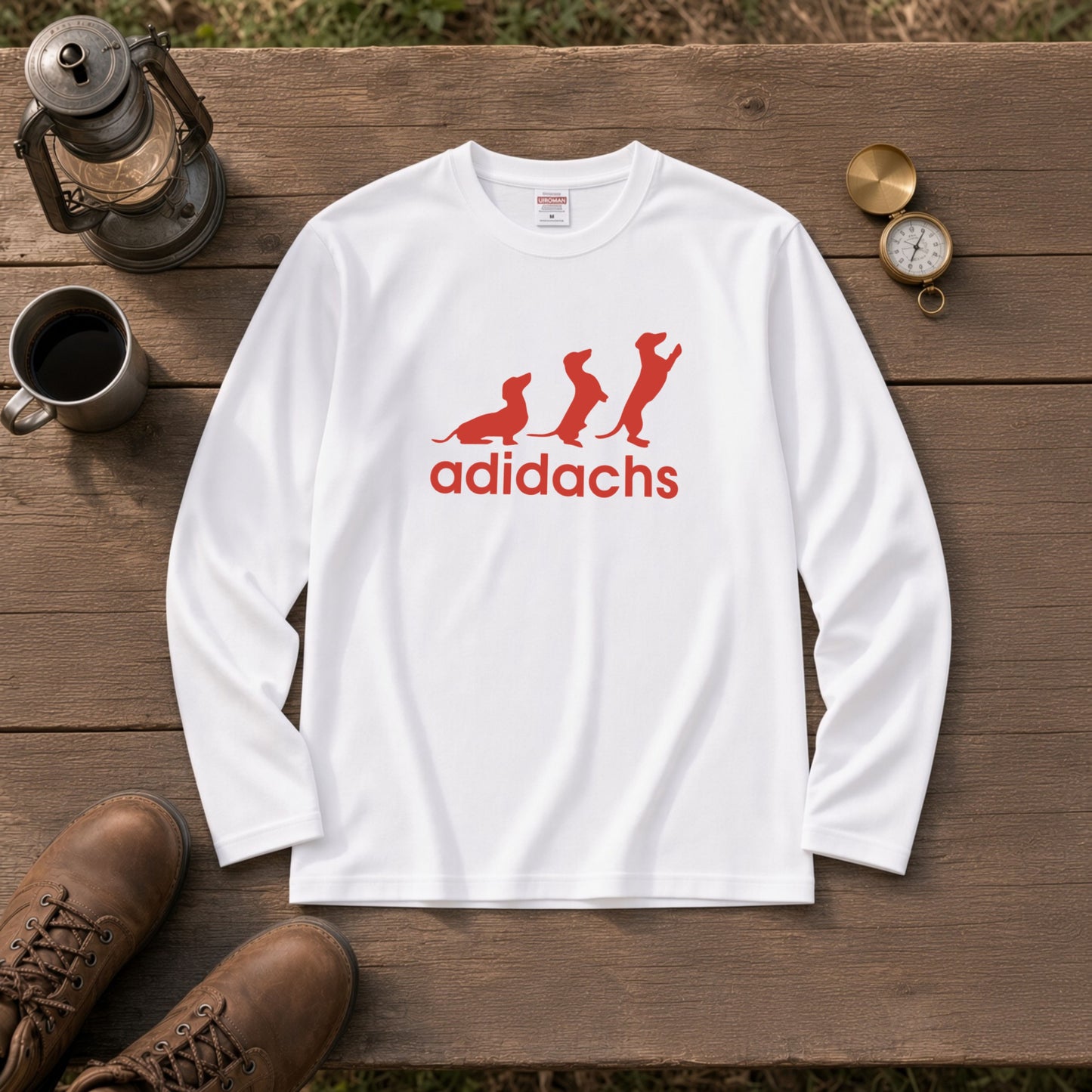 ADIDACHS | ダックスフンド 3本ライン風 シルエット パロディTシャツ ロングTシャツ【ドッグオーナー・愛犬家・犬雑貨・父の日・プレゼントに最適】