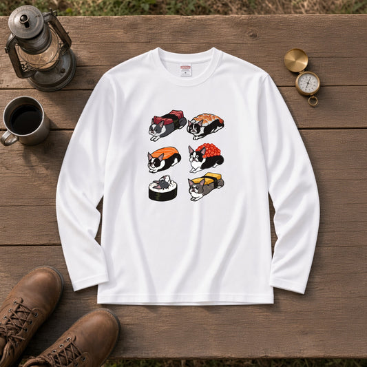 SUSHI DOG | 手描き風 ボストンテリア すしネタ かわいい グラフィック 長袖Tシャツ【犬雑貨・普段着・部屋着・ユニセックス・ギフトに最適】
