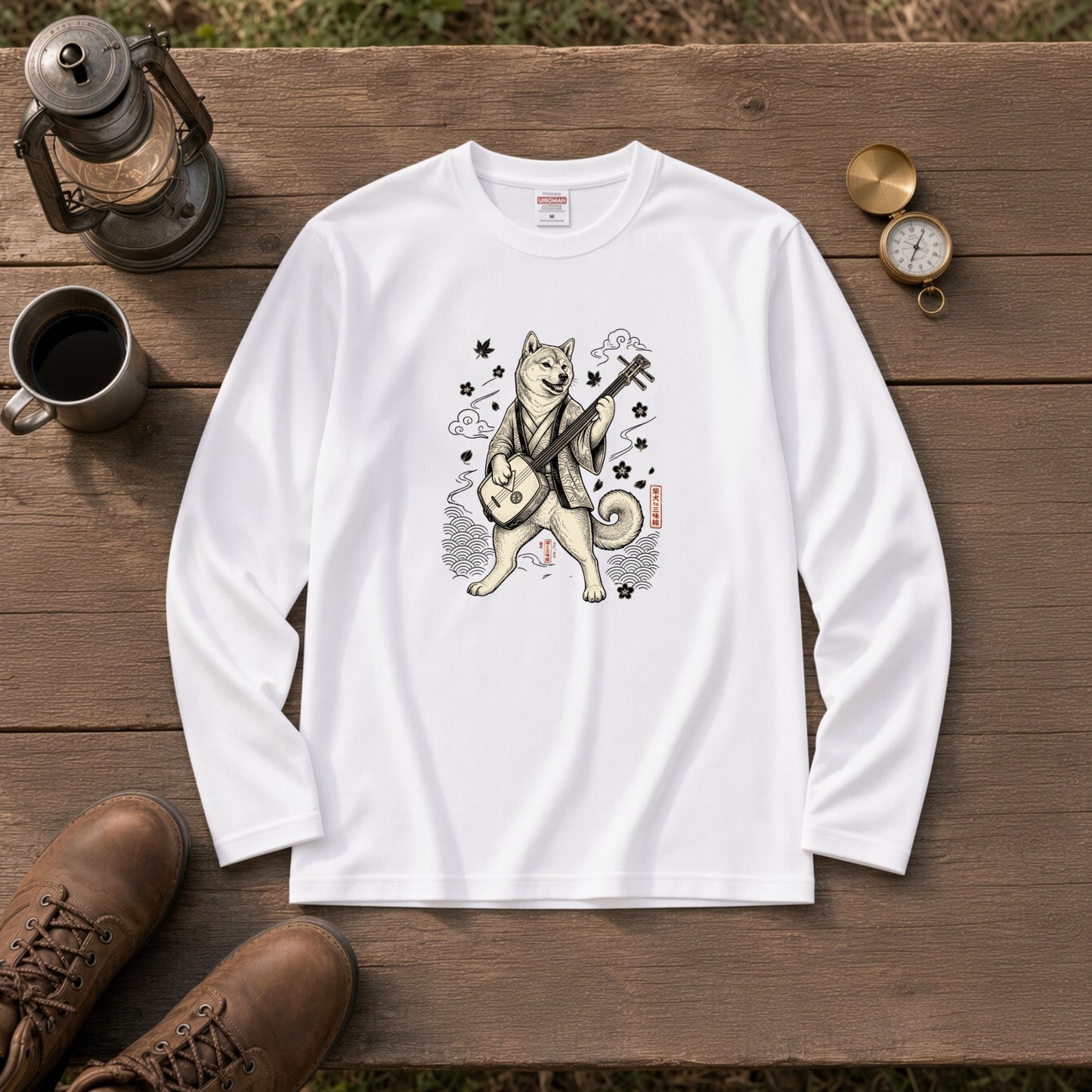 SHIBA SHAMISEN | レトロ 浮世絵調 柴犬 伝統和柄 グラフィック 長袖Tシャツ【犬雑貨・普段着・ストリート和柄・ユニセックス・ギフトに最適】