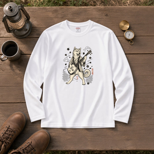 SHIBA SHAMISEN | レトロ 浮世絵調 柴犬 伝統和柄 グラフィック 長袖Tシャツ【犬雑貨・普段着・ストリート和柄・ユニセックス・ギフトに最適】