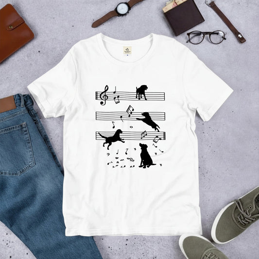 音符と踊る犬 犬Tシャツ | 音楽好き・犬好きに人気
