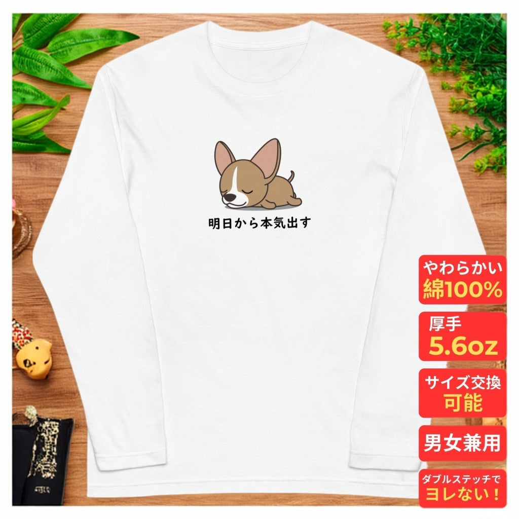犬 ロン t 犬 長袖 t シャツ いぬ  犬イラスト かわいいチワワ 明日から本気出す