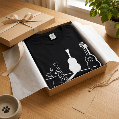チワワとギター影アート 白Tシャツ | 音楽好きに人気 | InuJoy