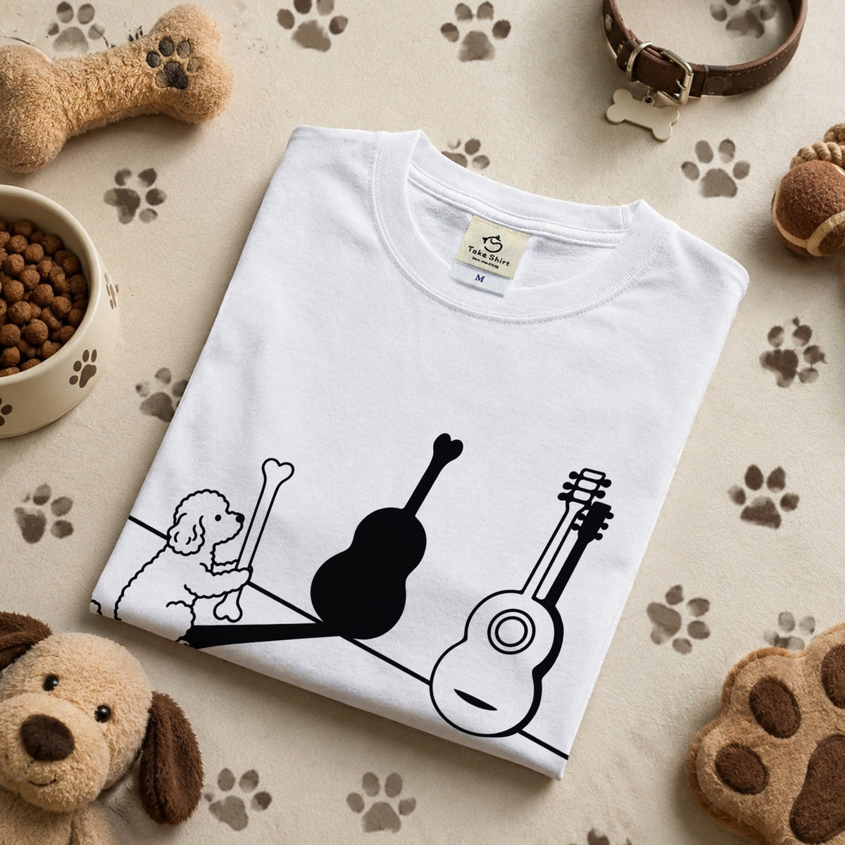 チワワとギター影アート 白Tシャツ | 音楽好きに人気 | InuJoy