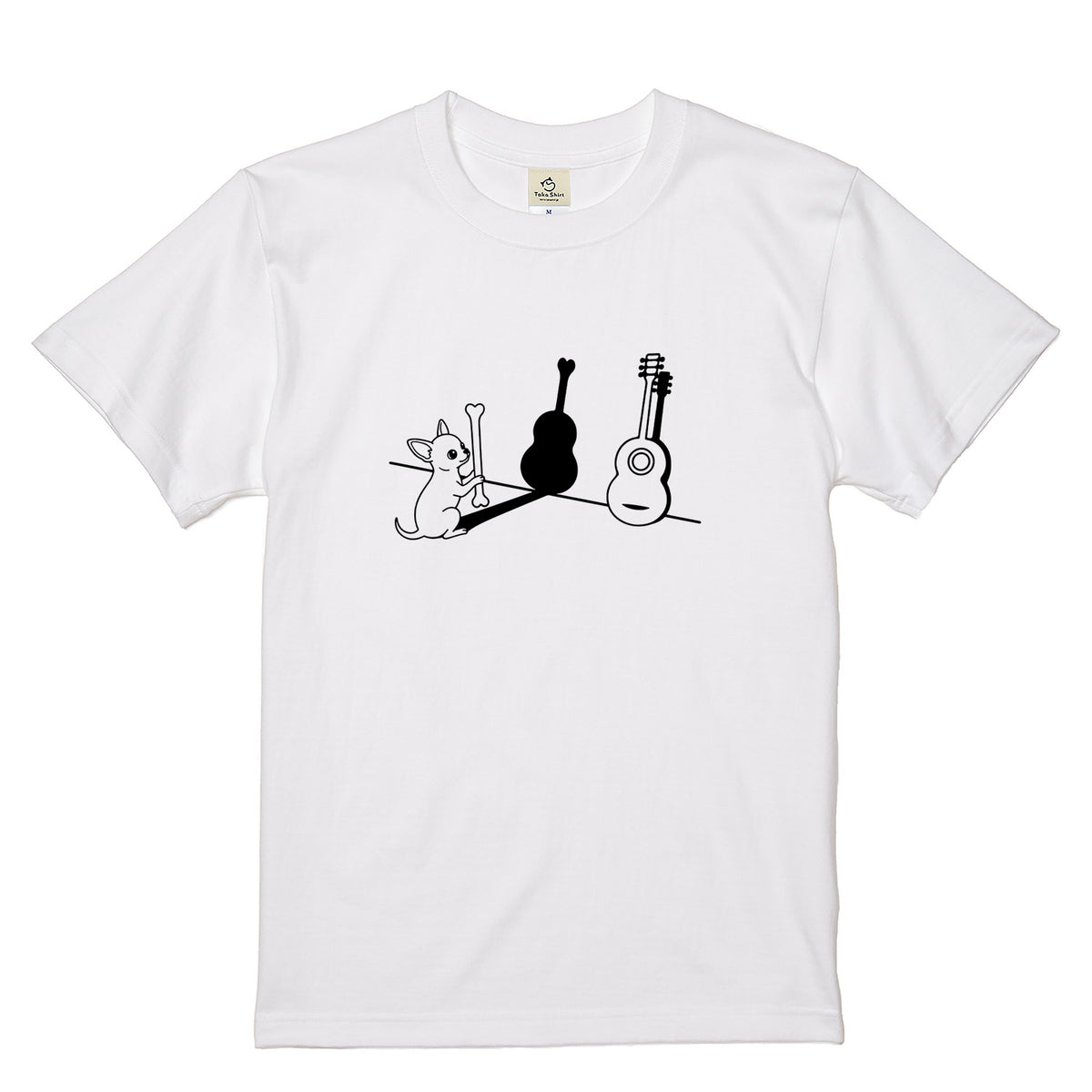 チワワとギター影アート 白Tシャツ | 音楽好きに人気 | InuJoy
