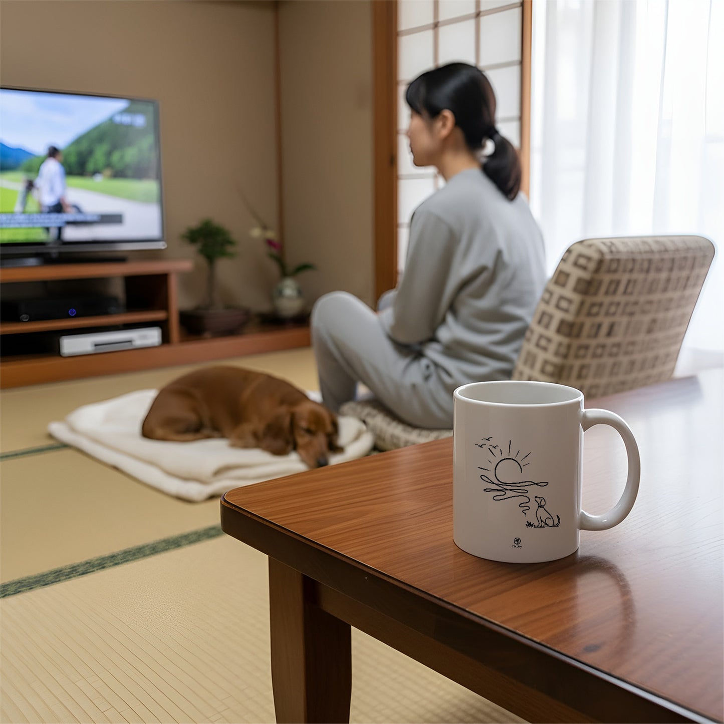 マグカップ 犬イラスト かわいい  朝日と犬の線画 ｜犬好きにおすすめの面白い犬グッズ プレゼントにも最適