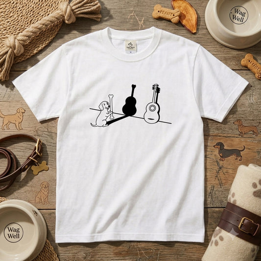 ダックスフンドとギター影アート 白Tシャツ | InuJoy