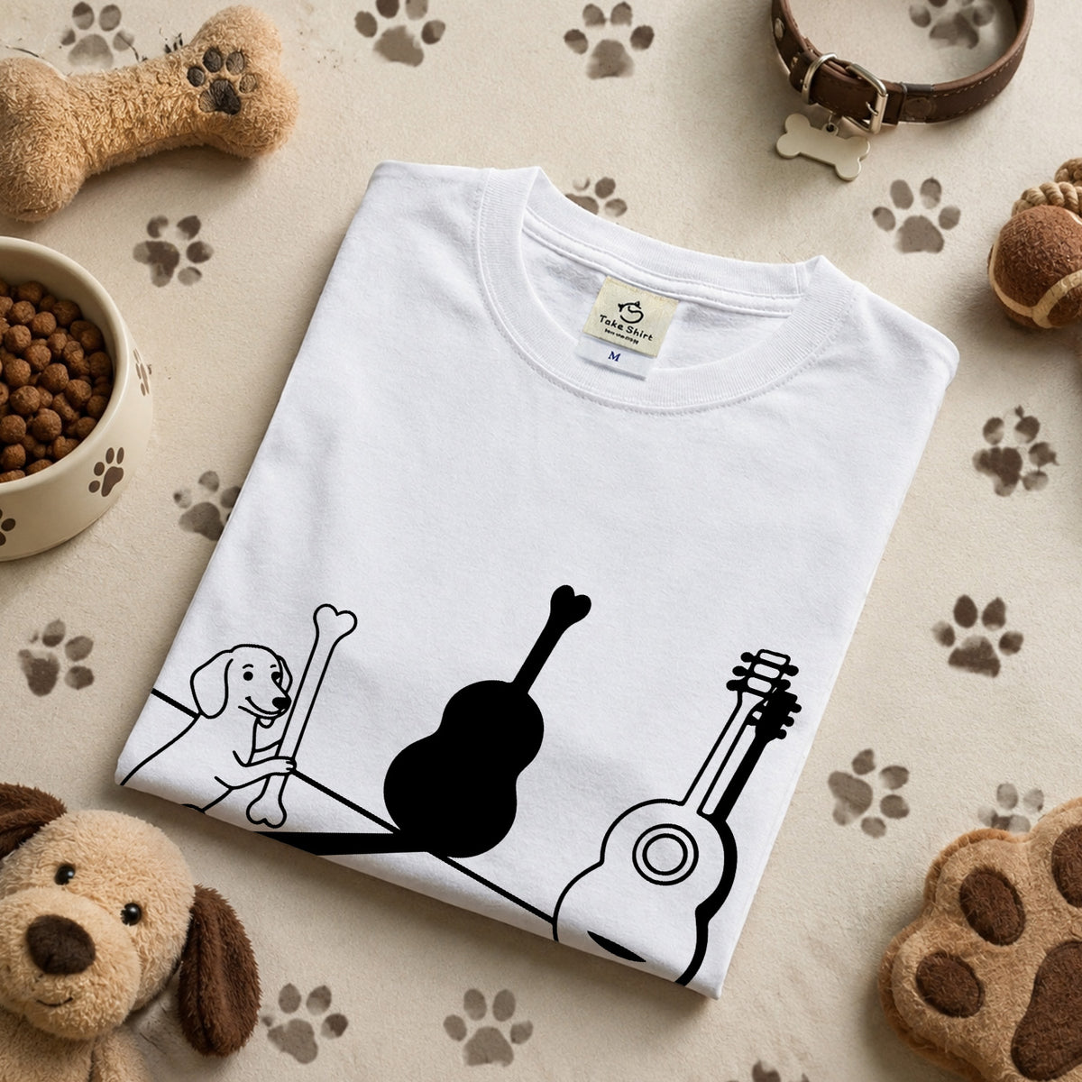 ダックスフンドとギター影アート 白Tシャツ | InuJoy