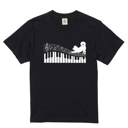 ピアノ鍵盤と音符犬 犬Tシャツ | ピアノ好き・音楽好きに人気
