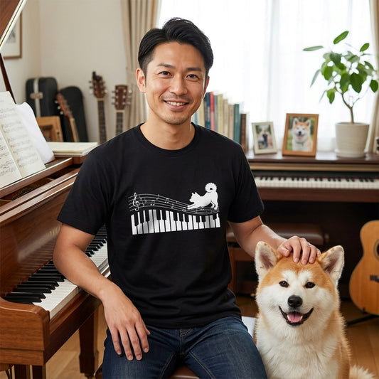 ピアノ鍵盤と音符犬 犬Tシャツ | ピアノ好き・音楽好きに人気