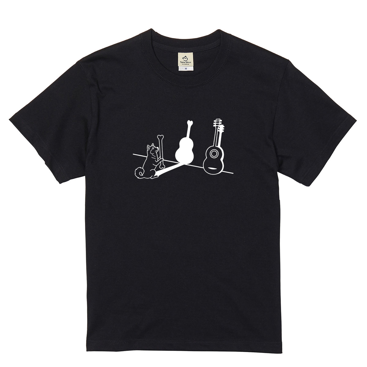 ハスキーとギター影アート 白Tシャツ｜音楽好きに人気｜InuJoy